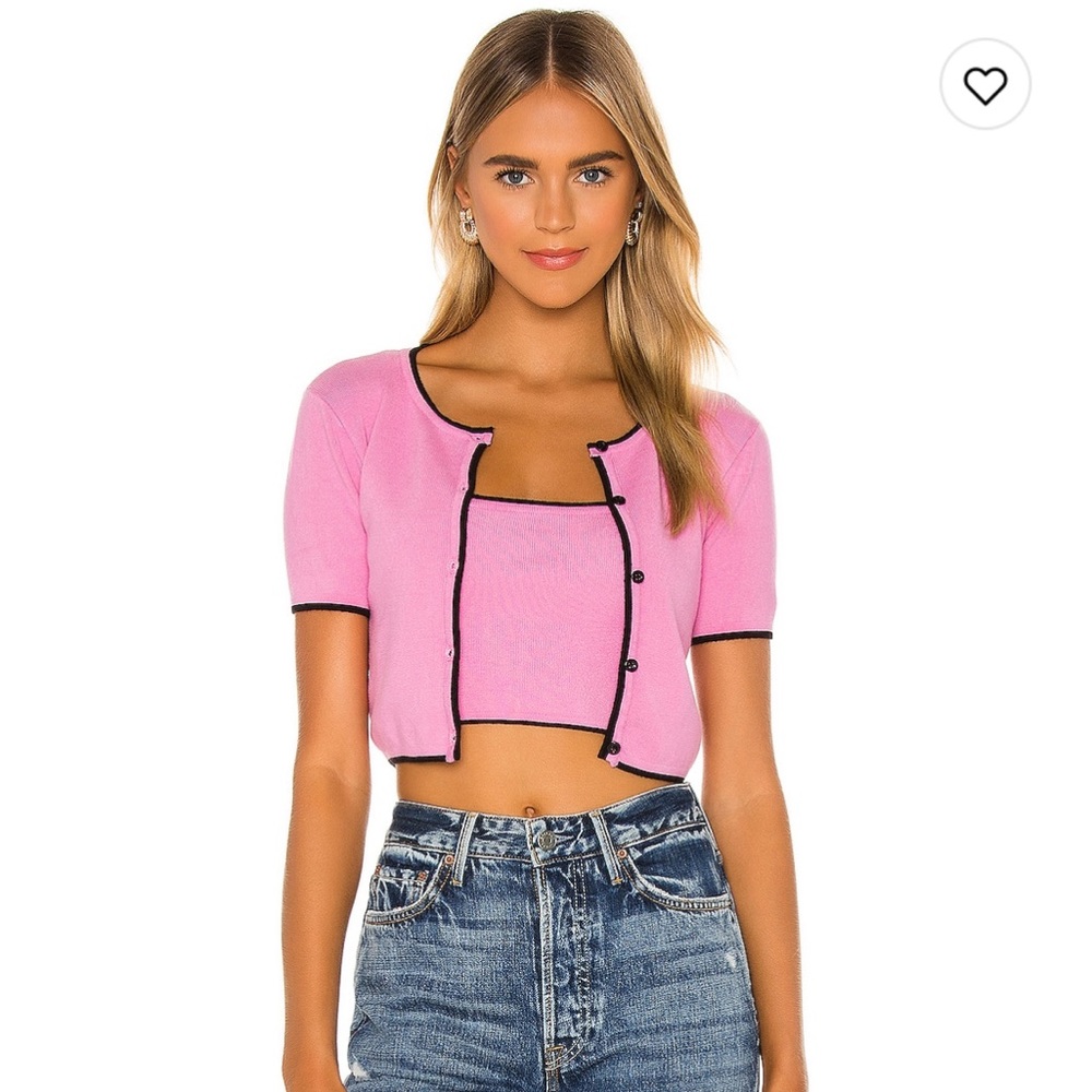 MAJORELLE Pink Cropped Cardigan and Tank Set with Black Trim